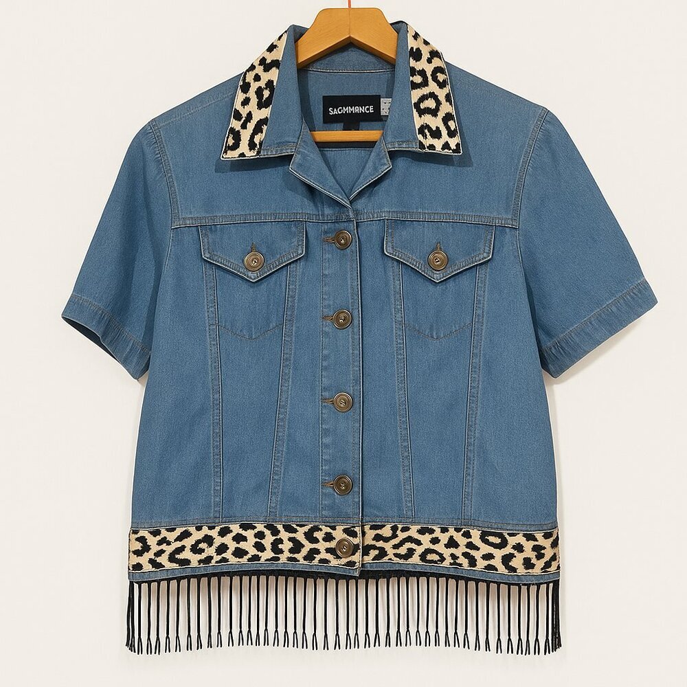 Vintage Sag Harbor Button Up Top Animal Print Denim Size L Beaded Detail 90s Y2K